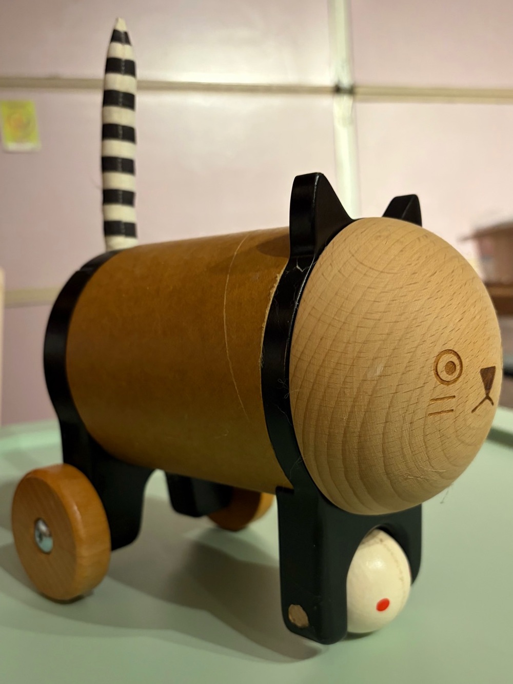Wooden Cat Pull Toy in Black and Natural Wood